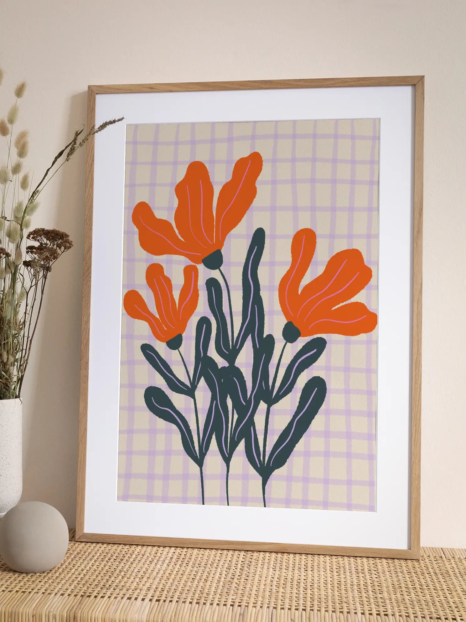 Orange Flowers Checkered Background Poster