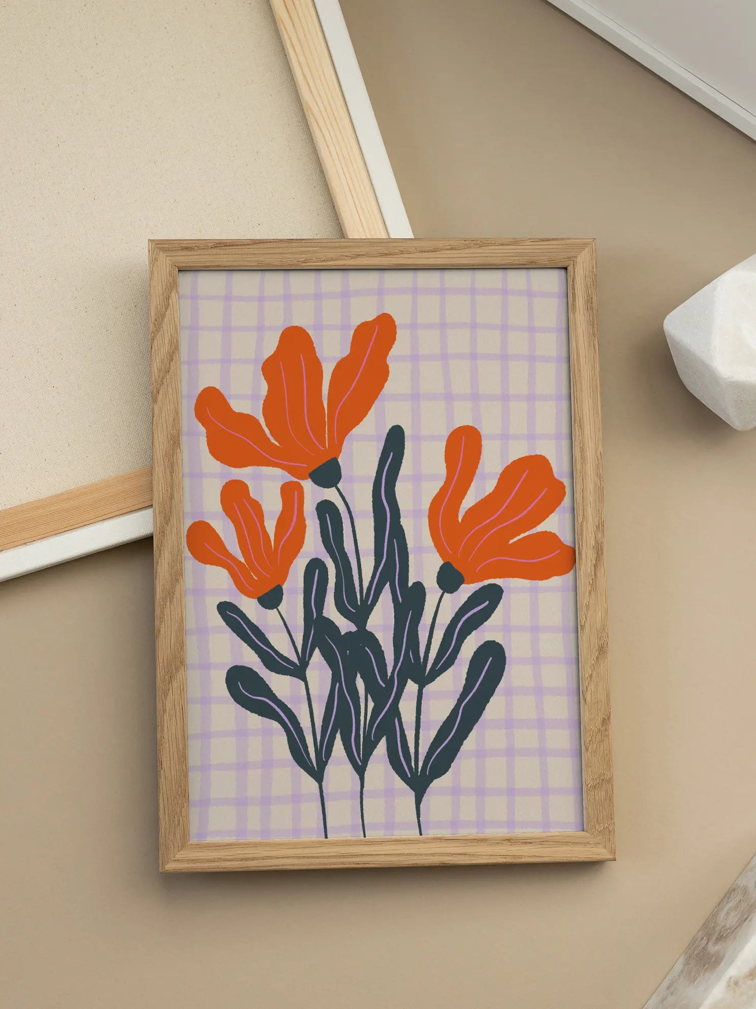 Orange Flowers Checkered Background Poster