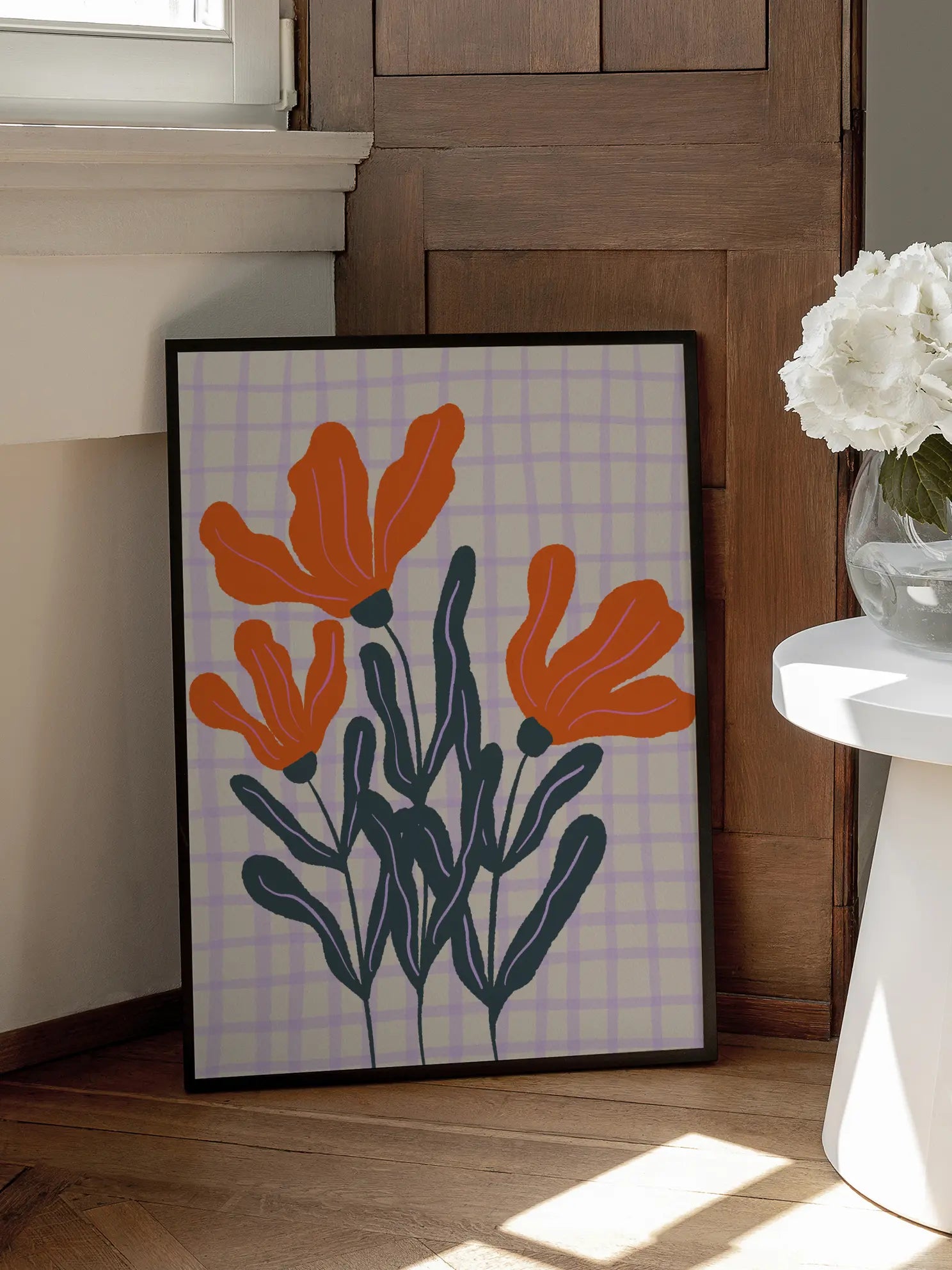 Orange Flowers Checkered Background Poster