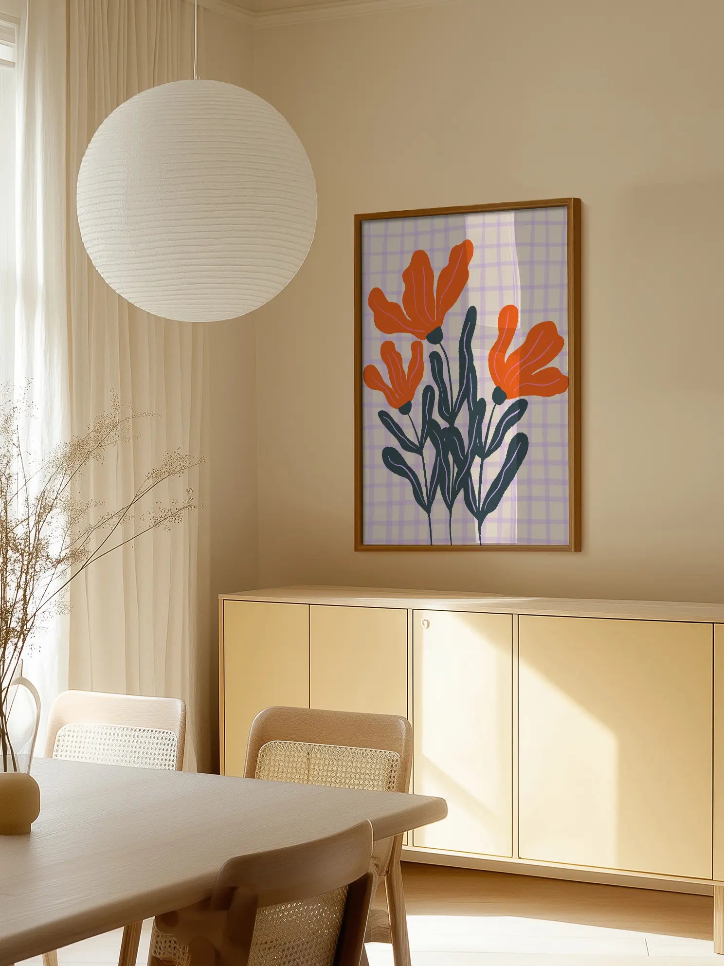 Orange Flowers Checkered Background Poster