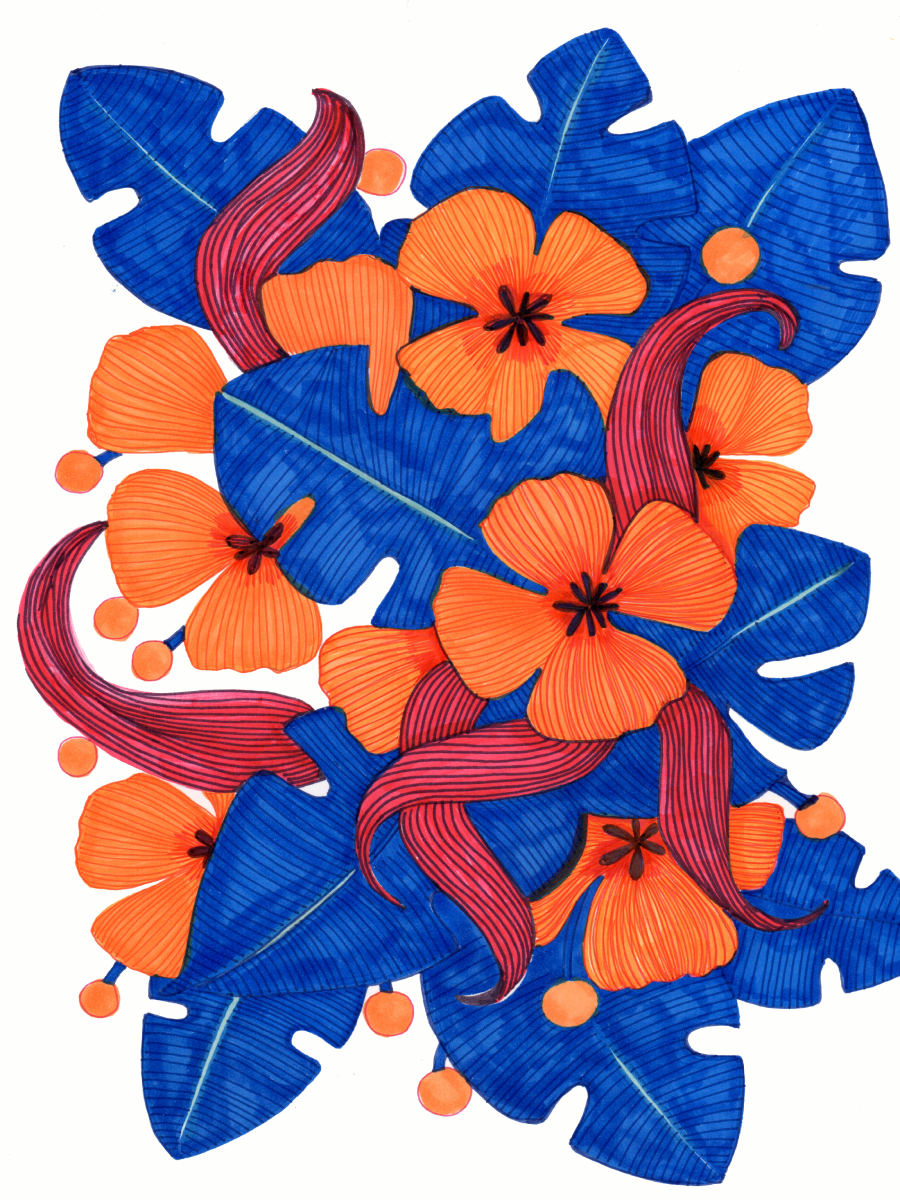 Ein Poster mit orangefarbenen Blumen und blauen Blättern.