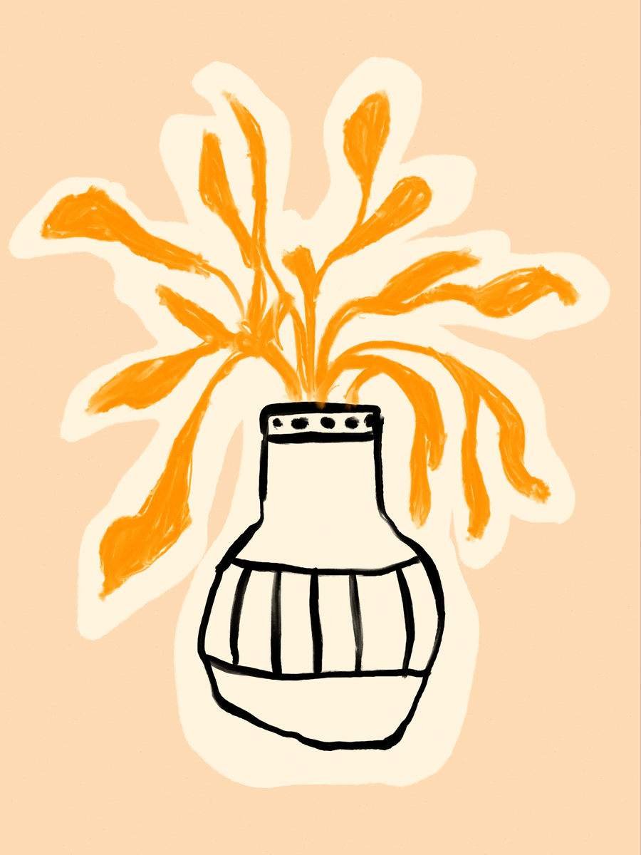 Illustration einer Vase mit orangefarbenen Blumen auf hellbeigem Hintergrund.