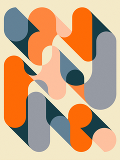 Grafisches Poster mit orangefarbenen und grauen Formen auf beigem Hintergrund.