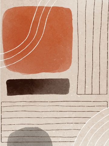 Grafik mit abstrakten Formen und Linien in Rot, Schwarz und Grau auf beigem Hintergrund.