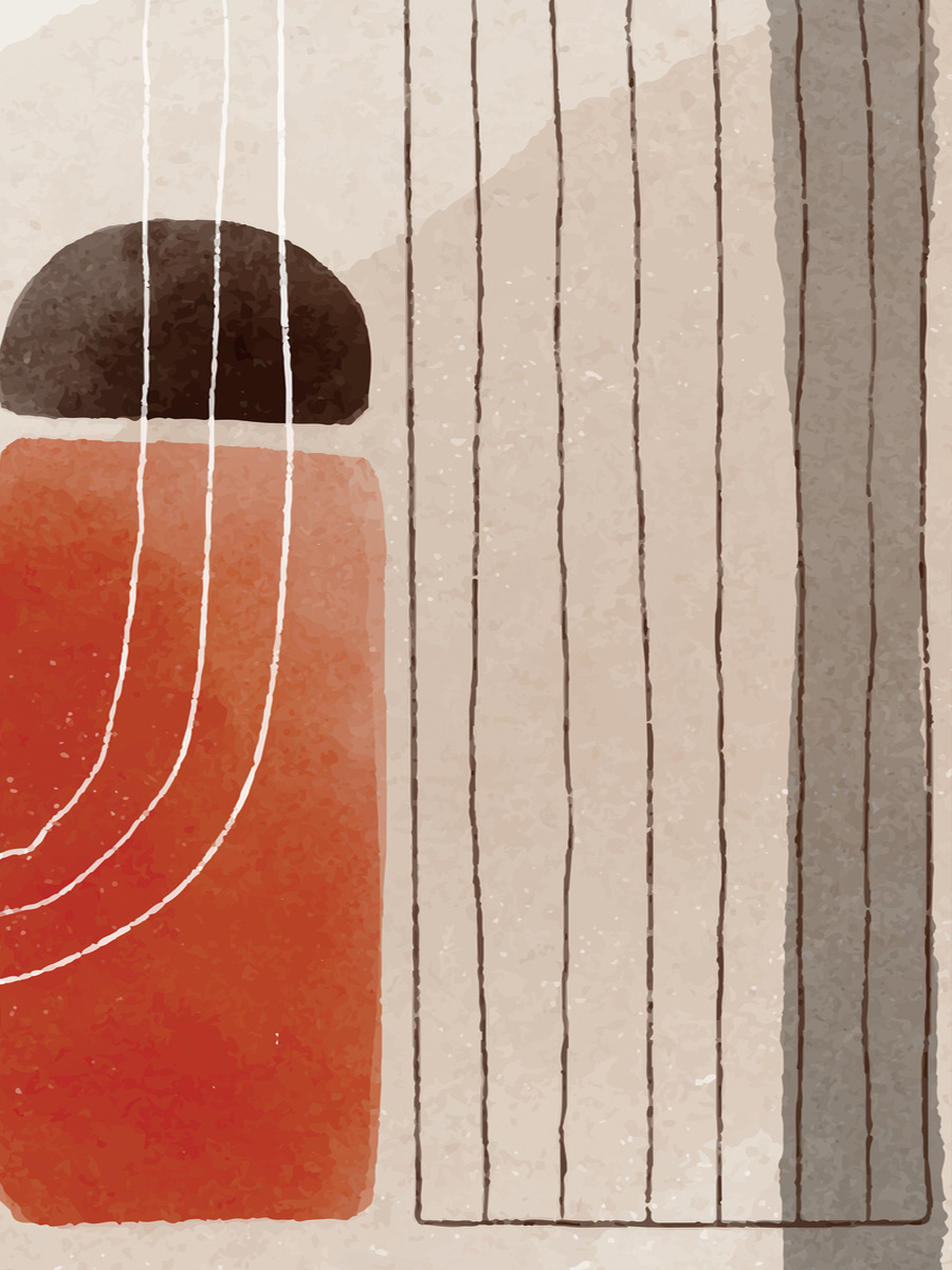 Grafische Illustration mit Linien und Formen in Rot und Beige mit körniger Struktur.