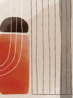 Grafische Illustration mit Linien und Formen in Rot und Beige mit körniger Struktur.