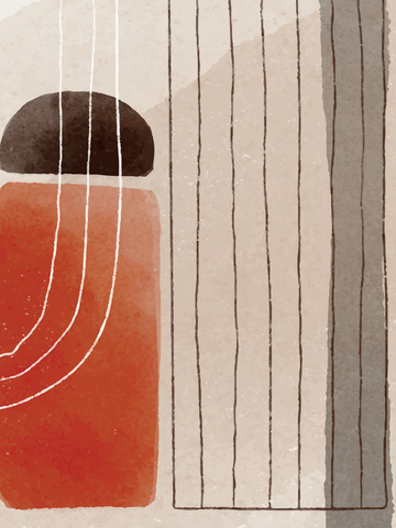 Grafische Illustration mit Linien und Formen in Rot und Beige mit körniger Struktur.