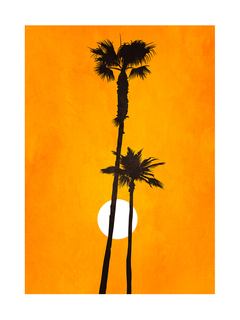 Grafik von zwei Palmen vor einer weißen Sonne und einem orangefarbenen Hintergrund.