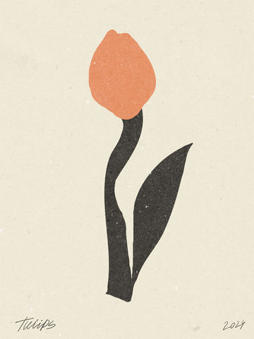 Beige Illustration einer orangefarbenen Tulpe mit schwarzem Stängel und Blättern auf beigem Hintergrund mit Text in den unteren Ecken.