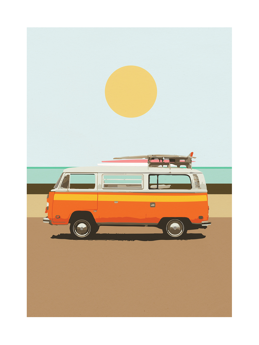 Illustration eines orangefarbenen Vans mit Surfbrettern vor einem Strandhintergrund und einer großen gelben Sonne.
