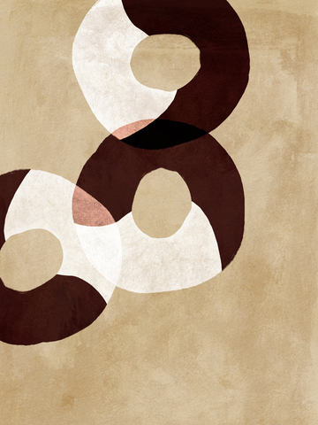 Grafische Illustration mit überlappenden Kreisen in Weiß und Dunkelbraun auf beigem Hintergrund.