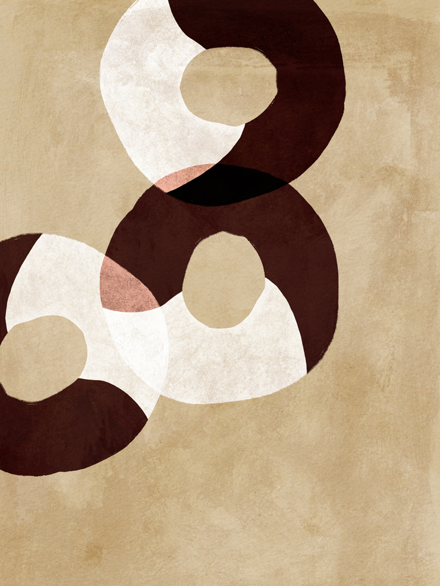 Grafische Illustration mit überlappenden Kreisen in Weiß und Dunkelbraun auf beigem Hintergrund.