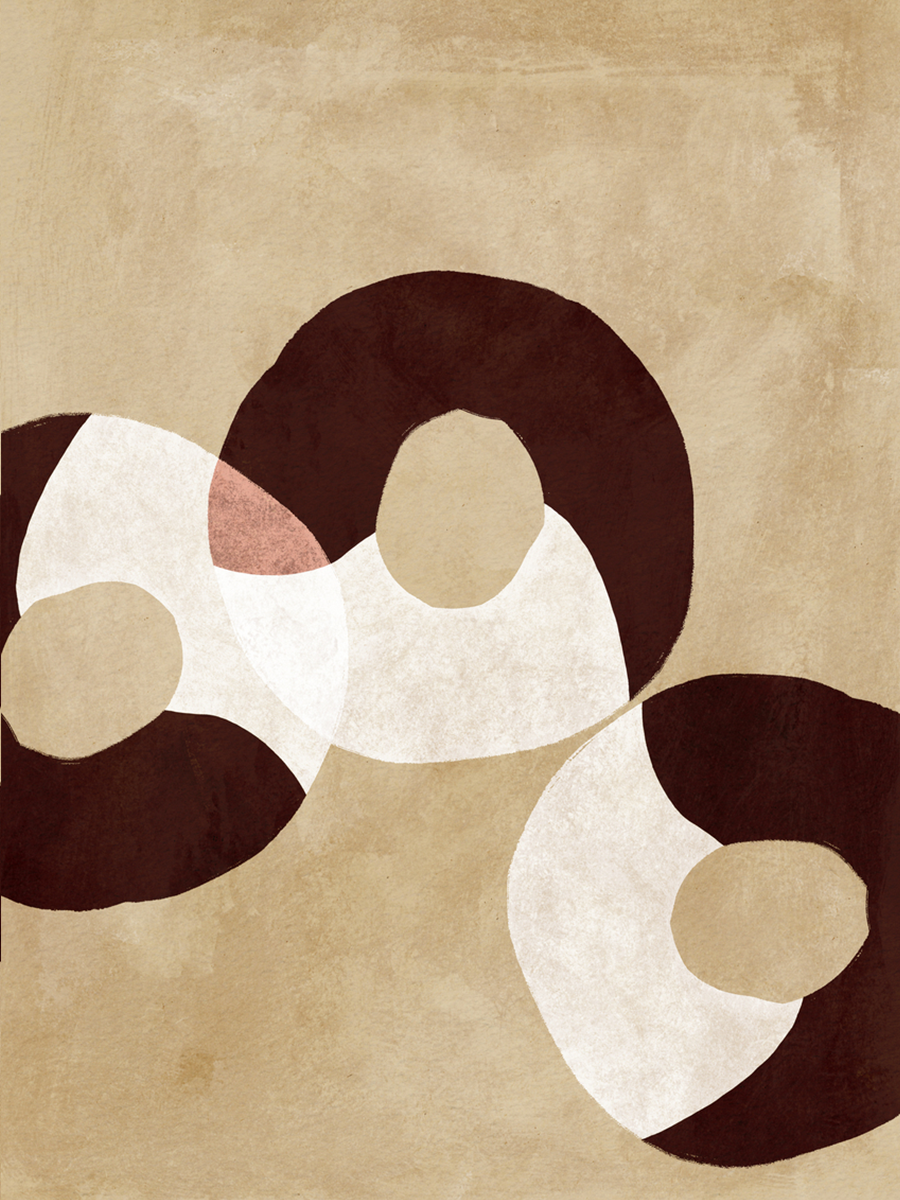 Grafische Illustration mit ineinander übergehenden Kreisen in Braun und Weiß auf beigem Hintergrund.