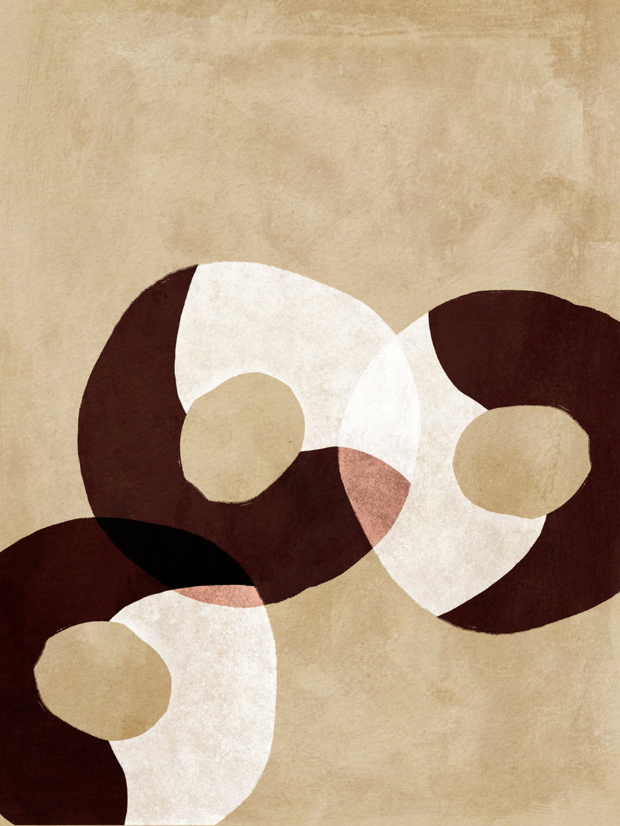 Grafik mit ineinander verschlungenen Ringen in Weiß und Braun auf beigem Hintergrund.