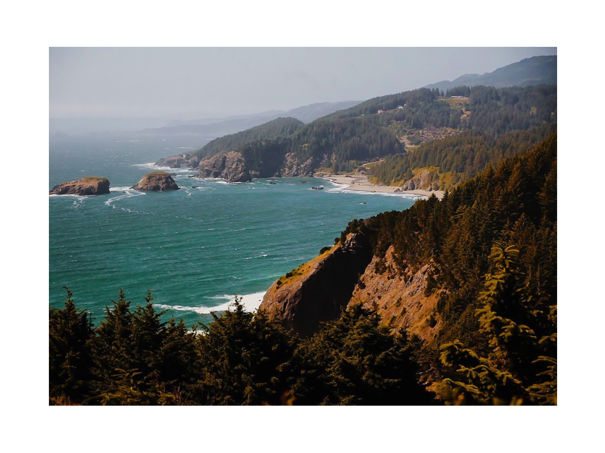 Fotografie der Küste von Oregon mit Klippen, Wald und Meer.