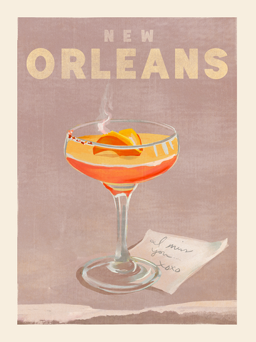 Illustration eines New Orleans Cocktails mit Orangenscheibe und Kirsche, lila Hintergrund, Notiz mit „I miss you xoxo“.