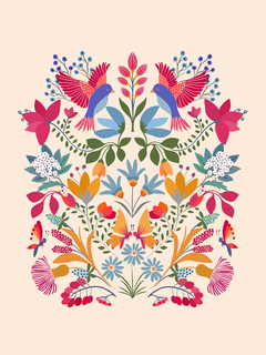 Poster mit Otomi-Muster, zwei bunten Vögeln und farbenfrohen Blumen.