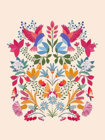 Poster mit Otomi-Muster, zwei bunten Vögeln und farbenfrohen Blumen.