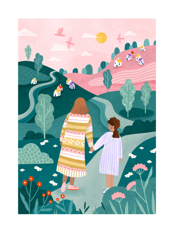 Illustration von zwei Figuren, die sich an den Händen halten und durch eine Landschaft mit grünen Feldern und rosa Hügeln gehen.