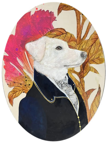 Ovales Poster eines Hundes in einem klassischen Anzug vor einem floralen Hintergrund.