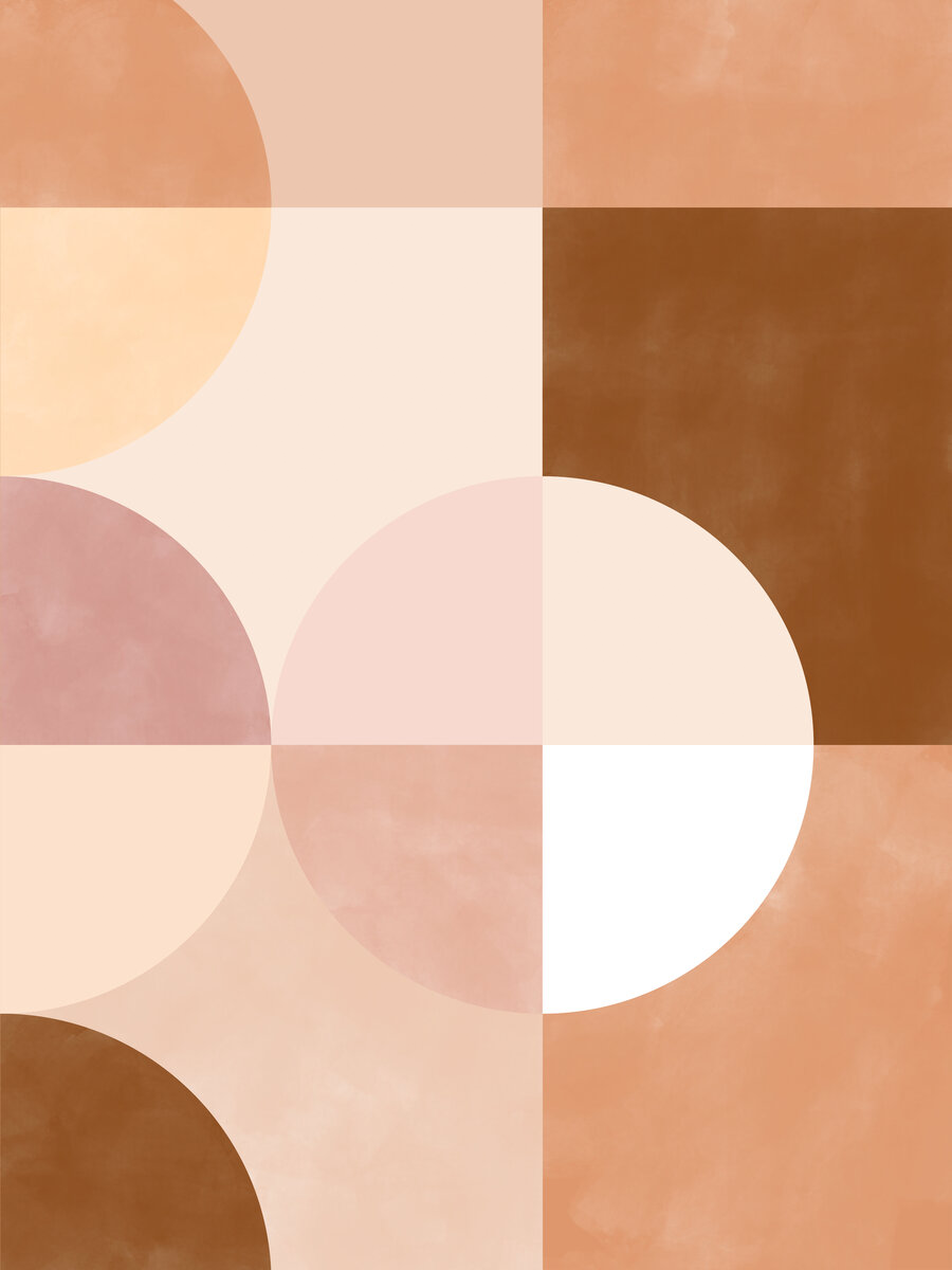 Grafische Illustration mit Kreisen und Quadraten in Beige und Rosa.