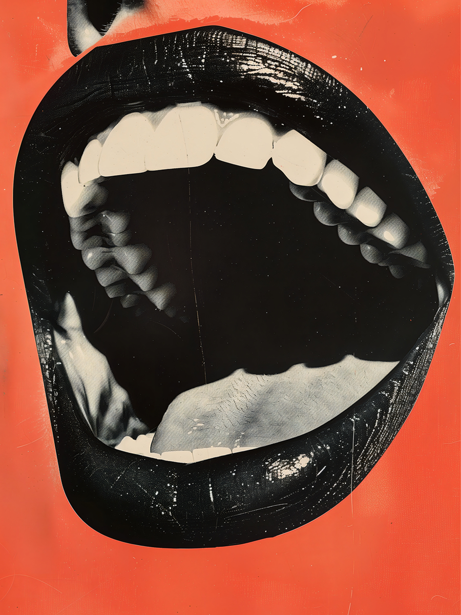Pop-Art-Poster mit offenem Mund einer Frau vor orangefarbenem Hintergrund.