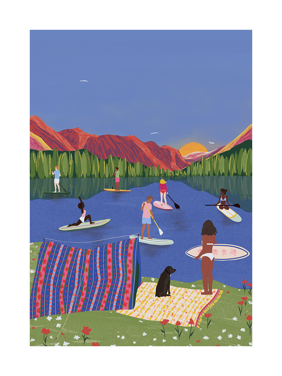 Illustration von Menschen beim Stand-up-Paddling auf einem See mit Bergen im Hintergrund und einer Frau mit Hund am Ufer.