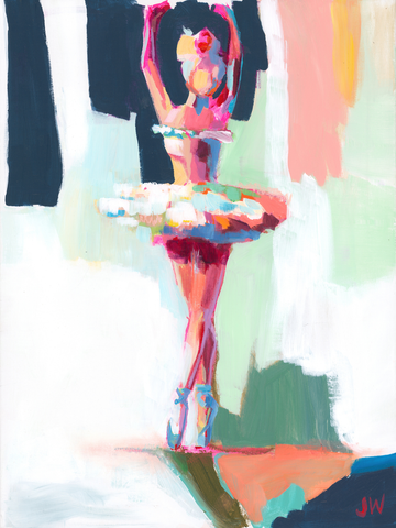 Eine Ballerina in einem Tutu vor einem abstrakten Hintergrund in leuchtenden Farben.