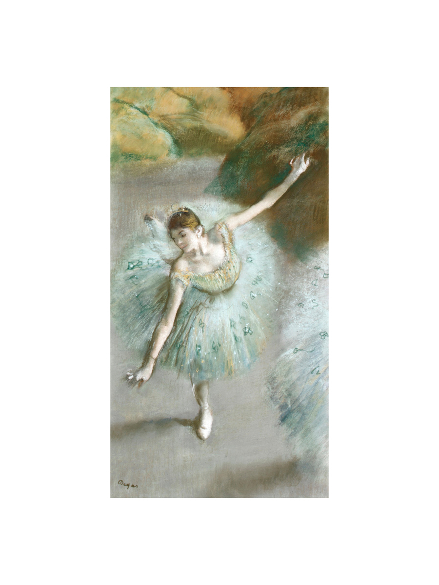 Ballerina in grünem Tutu in eleganter Pose vor impressionistischer Kulisse.