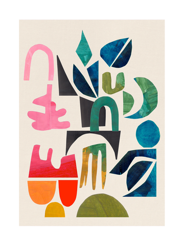 Poster mit handgemalten, bunten Formen auf hellem Hintergrund.