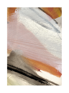 Abstraktes Poster mit Pinselstrichen in Weiß, Rosa, Orange, Beige, Schwarz und Grün.