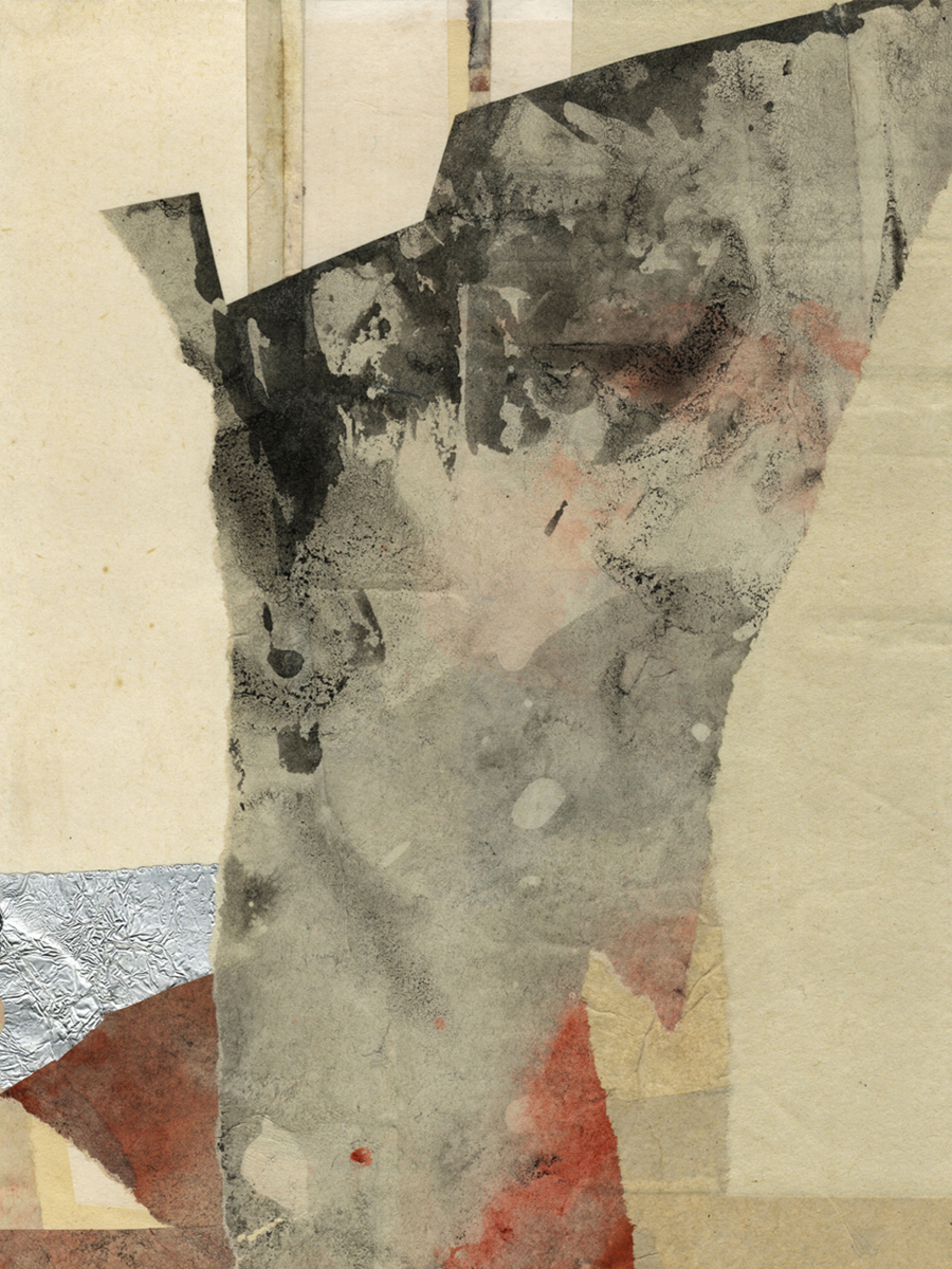 Abstrakte Collage aus verschiedenen Papieren in Grautönen, Schwarz und Rot.