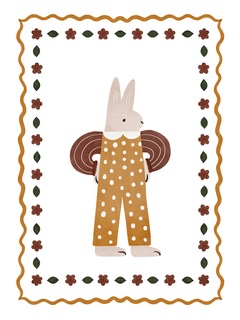 Illustration eines Hasen in gepunktetem Outfit, umrahmt von braunen Blumen und grünen Blättern.