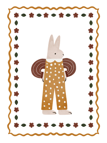 Illustration eines Hasen in gepunktetem Outfit, umrahmt von braunen Blumen und grünen Blättern.