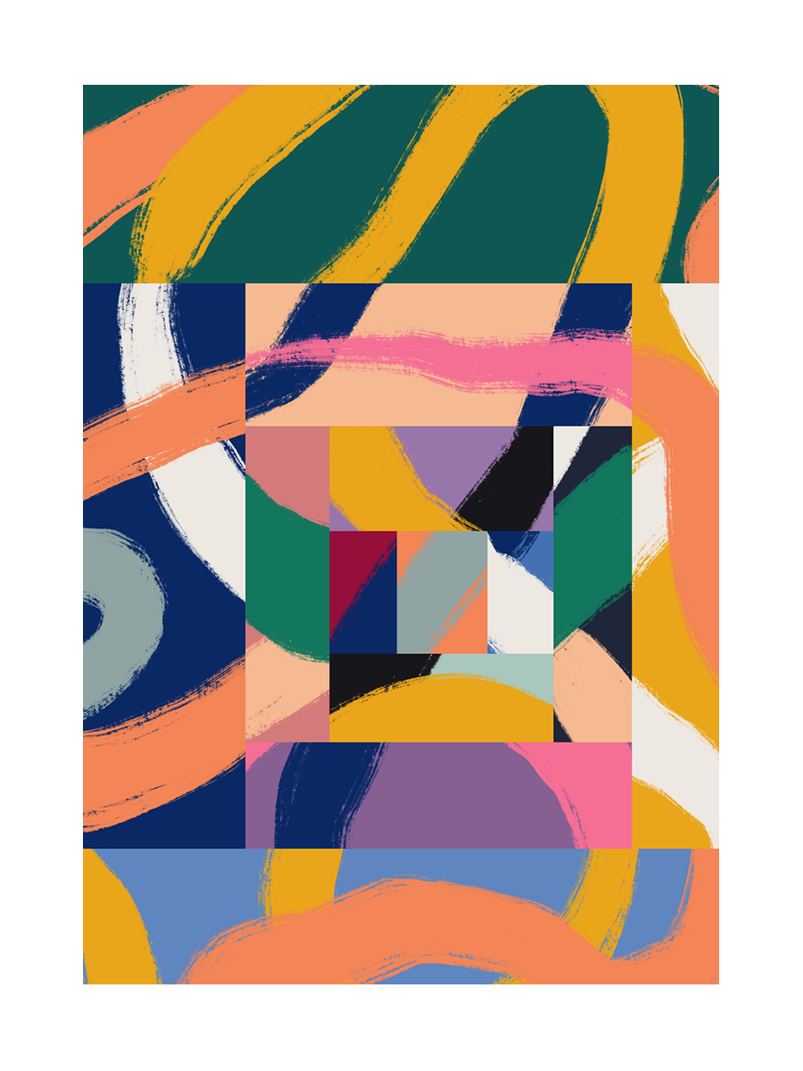 Abstraktes Poster mit quadratischen Formen und geschwungenen Linien in Blau, Grün, Gelb und Orange.