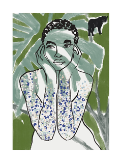Illustration einer Person in einem weißen Kleid mit farbigen Punkten vor einem grünen Hintergrund mit einem Panther.