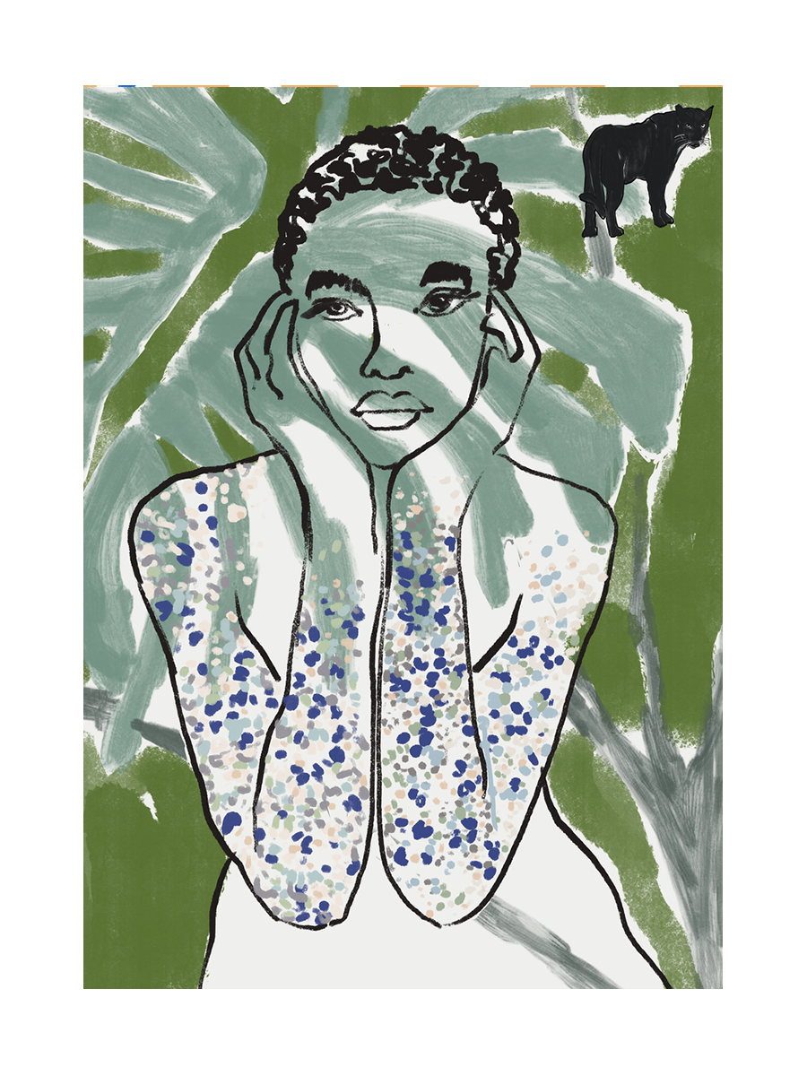 Illustration einer Person in einem weißen Kleid mit farbigen Punkten vor einem grünen Hintergrund mit einem Panther.