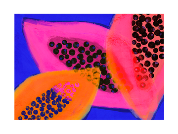 Abstraktes Poster von Papayas mit blauem Hintergrund.