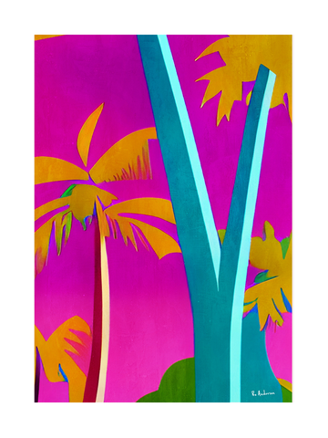 Poster mit gelben und türkisen Palmen vor einem pinken Hintergrund.