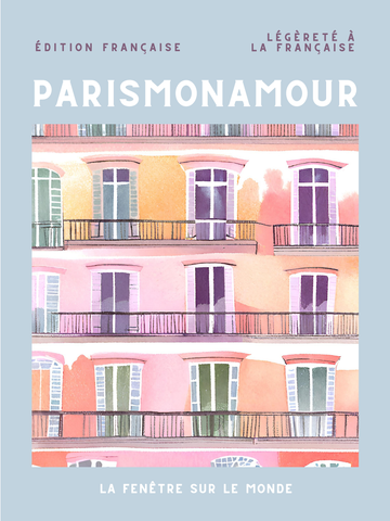 Illustration eines Pariser Gebäudes mit pastellfarbenen Fassaden und Balkonen, umgeben von französischen Schriftzügen.