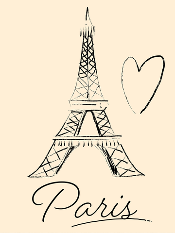 Skizze des Eiffelturms mit Herz und dem Text "Paris" auf beigefarbenem Hintergrund.
