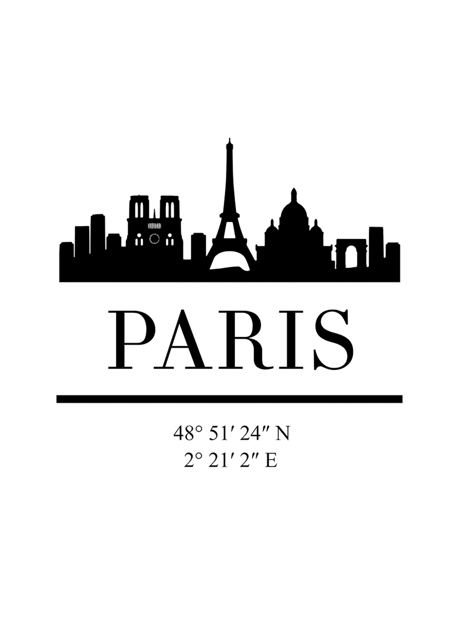 Minimalistische Illustration der Skyline von Paris mit dem Text "Paris" und Koordinaten.
