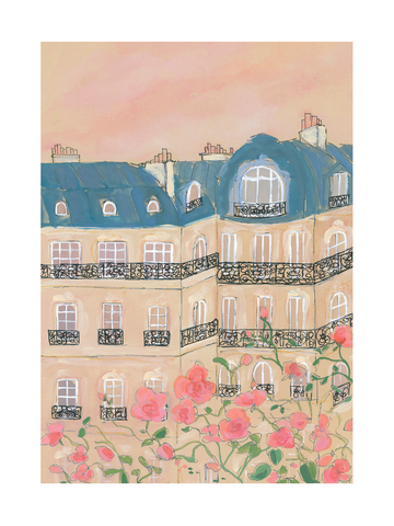 Illustration eines Pariser Gebäudes mit blauen Dächern und Balkonen vor einem rosa Himmel.