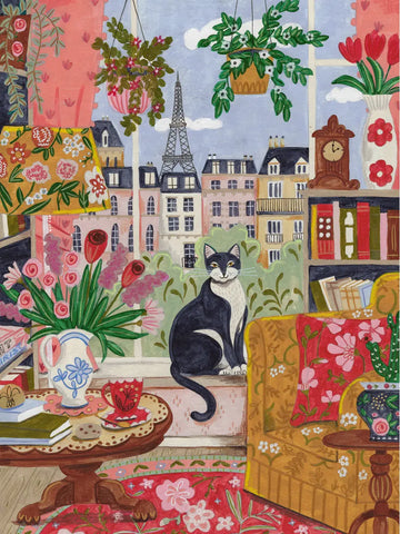 Illustration einer Pariser Wohnung mit einer Katze auf der Fensterbank und dem Eiffelturm im Hintergrund.