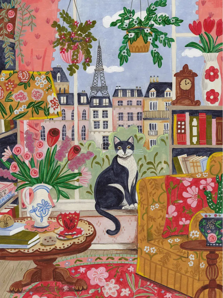 Illustration einer Pariser Wohnung mit einer Katze auf der Fensterbank und dem Eiffelturm im Hintergrund.