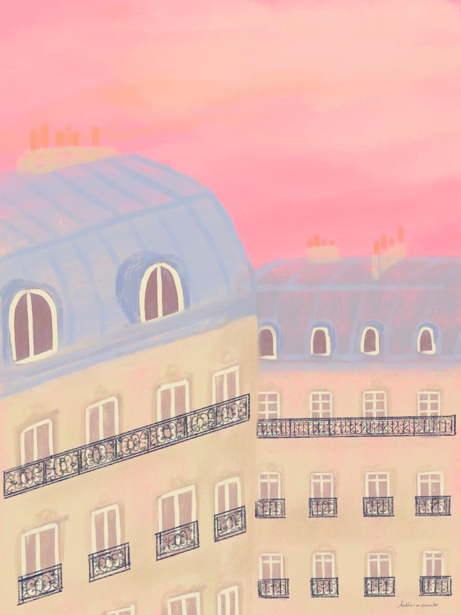 Illustration von Pariser Gebäuden vor einem rosa Himmel.