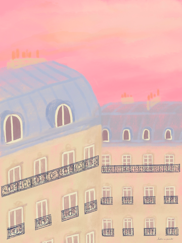 Illustration von Pariser Gebäuden vor einem rosa Himmel.