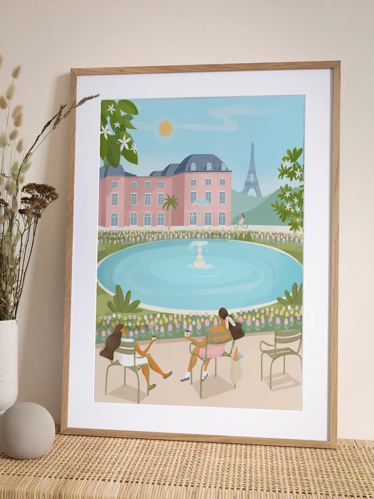 Park Fountain Building Illustration Poster