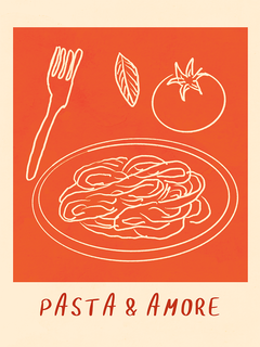 Poster mit einem Pastagericht, Gabel, Tomate und Basilikumblatt in Weiß auf orangefarbenem Hintergrund mit dem Text Pasta & Amore.