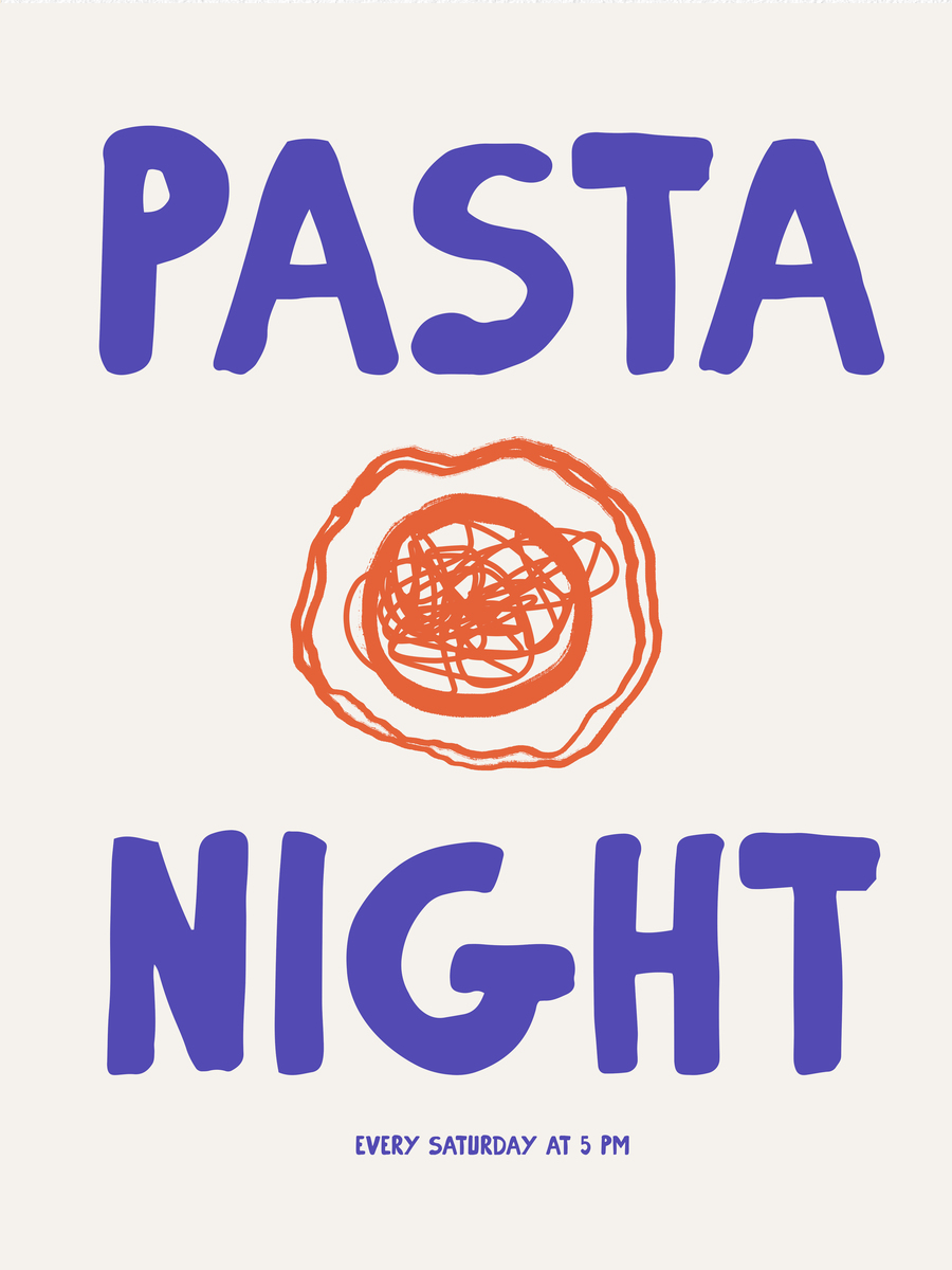 Grafisches Poster mit dem Text Pasta Night und einem Teller Spaghetti in Blau und Orange.